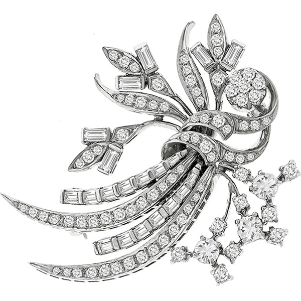 1950s 2.50ct Old European And Baguette Cut Diamond Platinum Floral Bouque