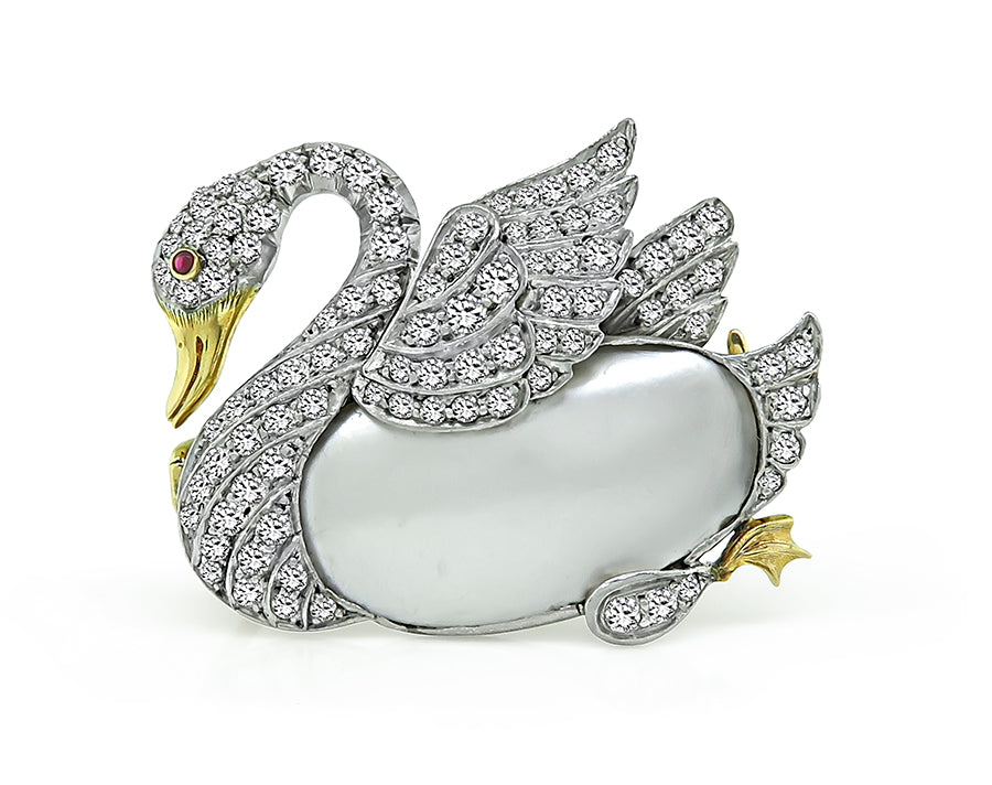 Mother Of Pearl Diamond Swan Pin Israel Rose