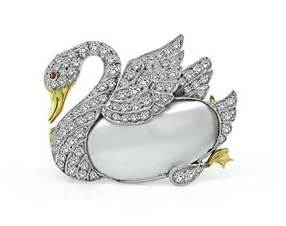 Mother Of Pearl Diamond Swan Pin Israel Rose