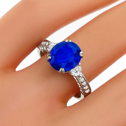 Estate 3.12ct Oval Ceylon Sapphire Heart Shape Diamond Ring