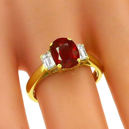 2.65ct Oval Burma Ruby 0.50ct Diamond 18k Yellow Gold Engagement Ring