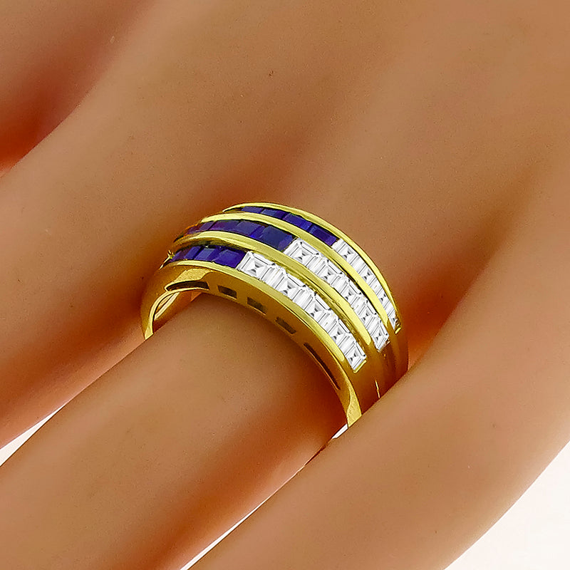 Estate 0.75ct Square Cut Sapphire 0.60ct Carre Cut Diamond 18k Yellow Gold Ring