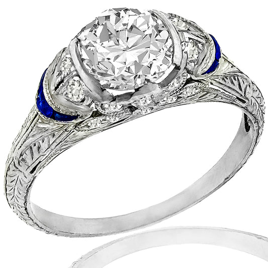 Art Deco GIA Certified 1.17ct Diamond Sapphire Platinum Ring