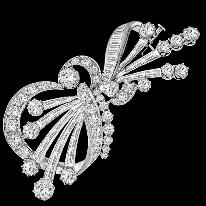 1950s  6ct Round And Baguette Diamond 18k White Gold Floral Pin