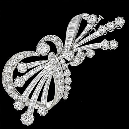 1950s  6ct Round And Baguette Diamond 18k White Gold Floral Pin