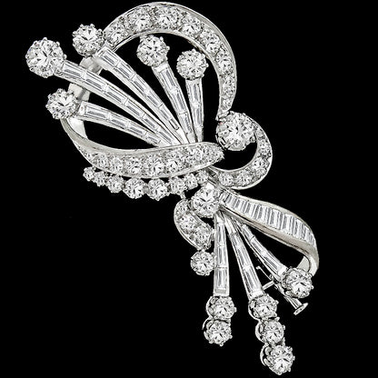 1950s  6ct Round And Baguette Diamond 18k White Gold Floral Pin