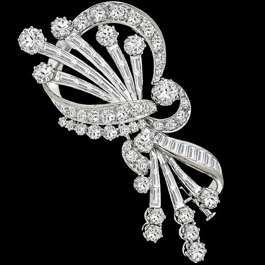 1950s  6ct Round And Baguette Diamond 18k White Gold Floral Pin