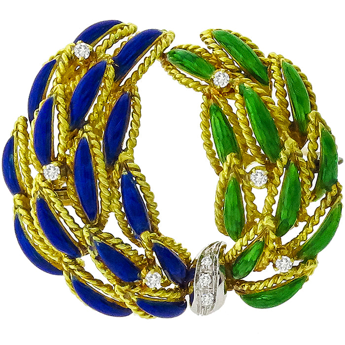 1960's 0.30ct Round Cut Diamond Blue & Green Enamel Inlay 18k Yellow Gold