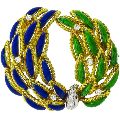 1960's 0.30ct Round Cut Diamond Blue & Green Enamel Inlay 18k Yellow Gold