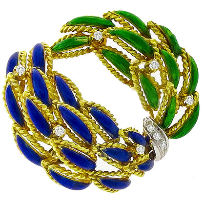 1960's 0.30ct Round Cut Diamond Blue & Green Enamel Inlay 18k Yellow Gold