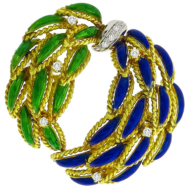 1960's 0.30ct Round Cut Diamond Blue & Green Enamel Inlay 18k Yellow Gold