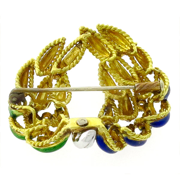 1960's 0.30ct Round Cut Diamond Blue & Green Enamel Inlay 18k Yellow Gold