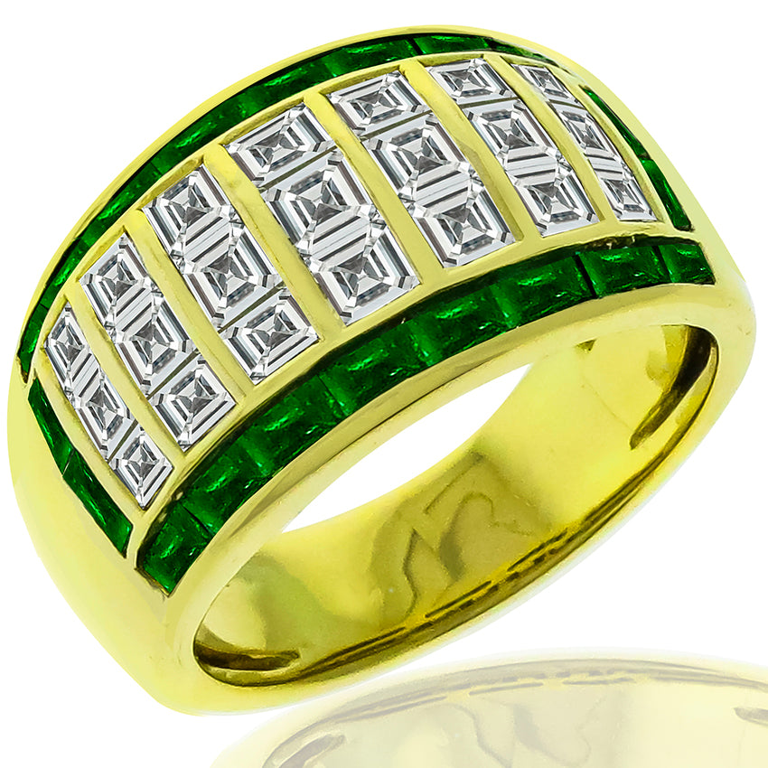 Estate 1.68ct Carre Cut  Diamond & Emerald 18k Yellow Gold Ring
