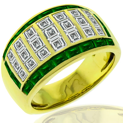 Estate 1.68ct Carre Cut  Diamond & Emerald 18k Yellow Gold Ring