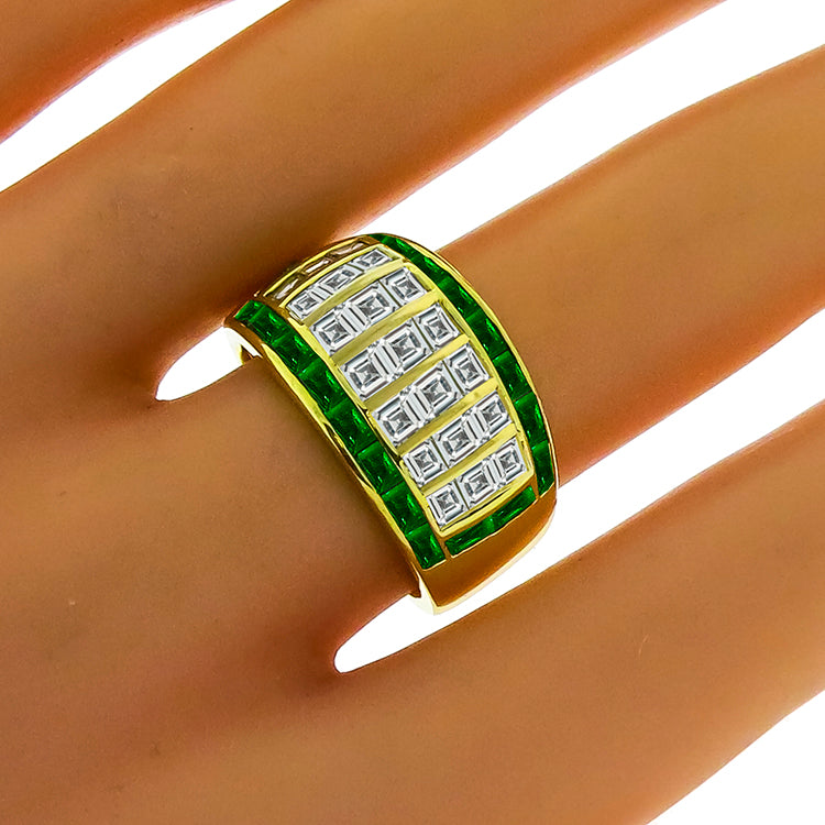 Estate 1.68ct Carre Cut  Diamond & Emerald 18k Yellow Gold Ring