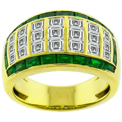 Estate 1.68ct Carre Cut  Diamond & Emerald 18k Yellow Gold Ring