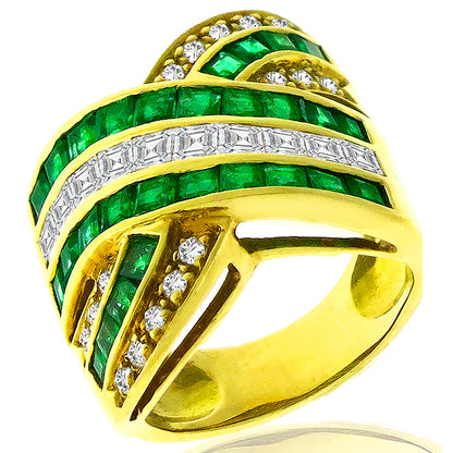 1.85ct Colombian Emerald 1.00ct Carre And Round Cut Diamond 18k Yellow Gold Ring
