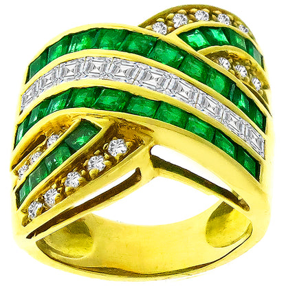1.85ct Colombian Emerald 1.00ct Carre And Round Cut Diamond 18k Yellow Gold Ring