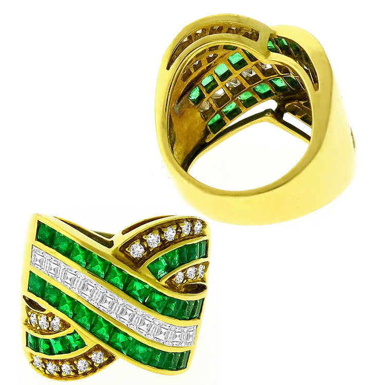 1.85ct Colombian Emerald 1.00ct Carre And Round Cut Diamond 18k Yellow Gold Ring