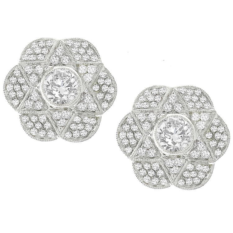 Vintage  0.90ct Center 2.64ct Side Round Cut Diamonds 18k White Gold Earrings