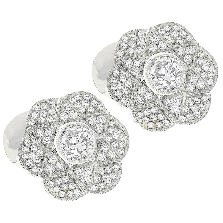 Vintage  0.90ct Center 2.64ct Side Round Cut Diamonds 18k White Gold Earrings