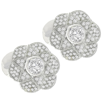 Vintage  0.90ct Center 2.64ct Side Round Cut Diamonds 18k White Gold Earrings