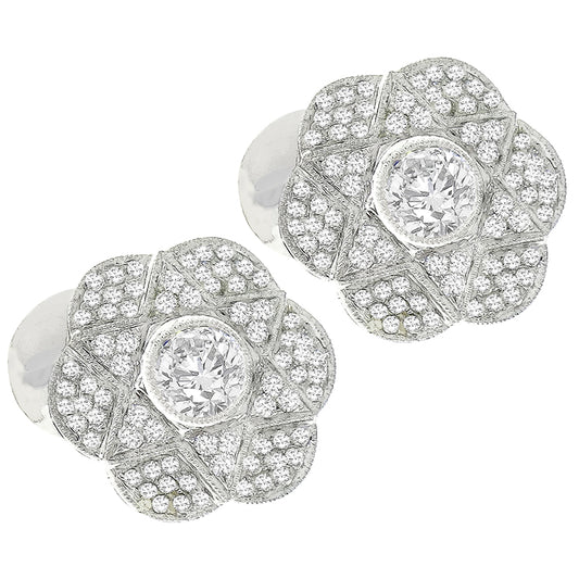 Vintage  0.90ct Center 2.64ct Side Round Cut Diamonds 18k White Gold Earrings