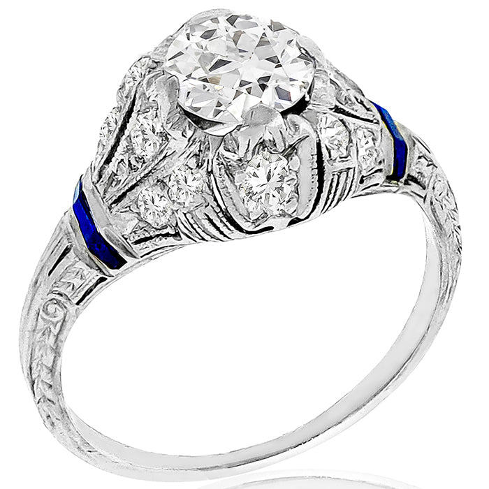 Antique Art Deco 0.75ct Old European Diamond Sapphire Platinum Engagement Ring
