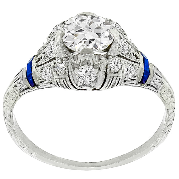 Antique Art Deco 0.75ct Old European Diamond Sapphire Platinum Engagement Ring