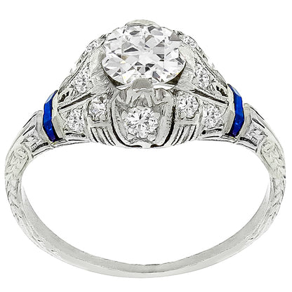 Antique Art Deco 0.75ct Old European Diamond Sapphire Platinum Engagement Ring