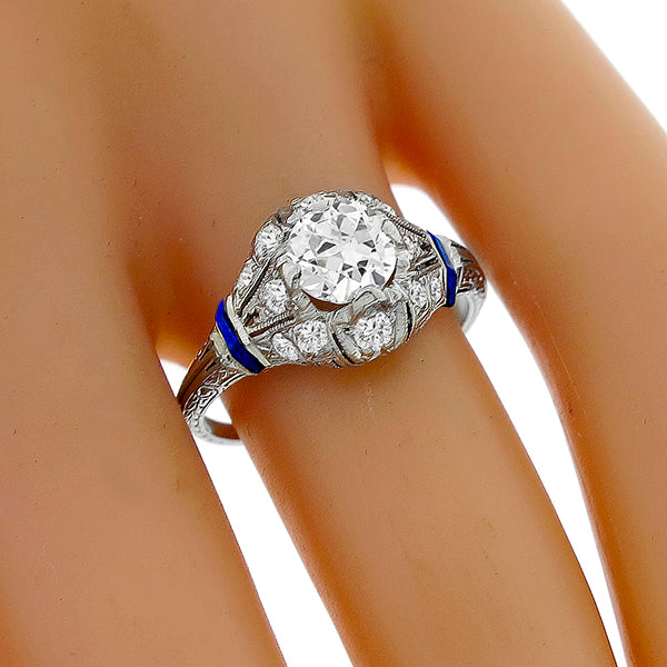 Antique Art Deco 0.75ct Old European Diamond Sapphire Platinum Engagement Ring