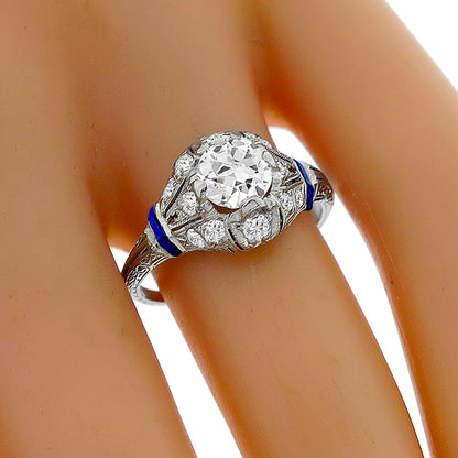 Antique Art Deco 0.75ct Old European Diamond Sapphire Platinum Engagement Ring