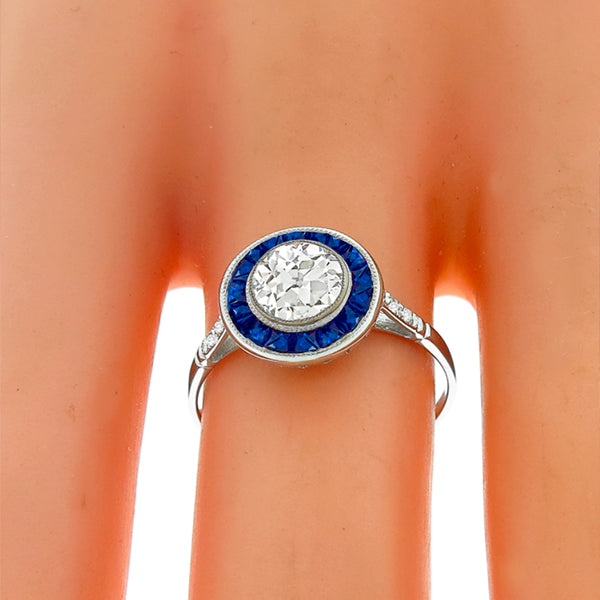 Art Deco GIA 0.70ct Diamond Sapphire Gold Engagement Ring