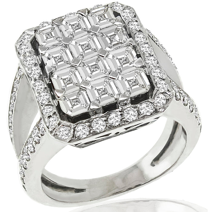 Estate 1.80ct Asscher And 1.50ct Round Brilliant Diamond 18k White Gold Ring