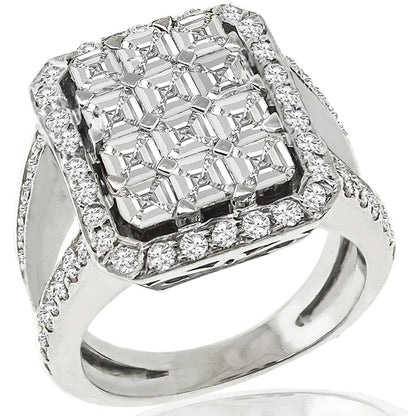 Estate 1.80ct Asscher And 1.50ct Round Brilliant Diamond 18k White Gold Ring