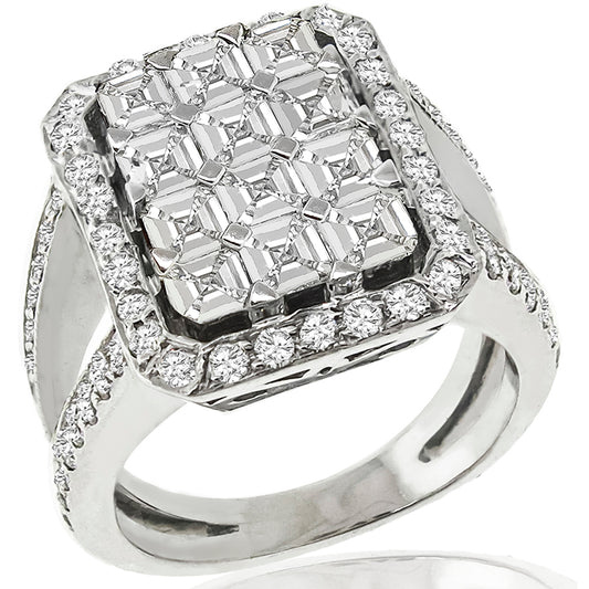 Estate 1.80ct Asscher And 1.50ct Round Brilliant Diamond 18k White Gold Ring
