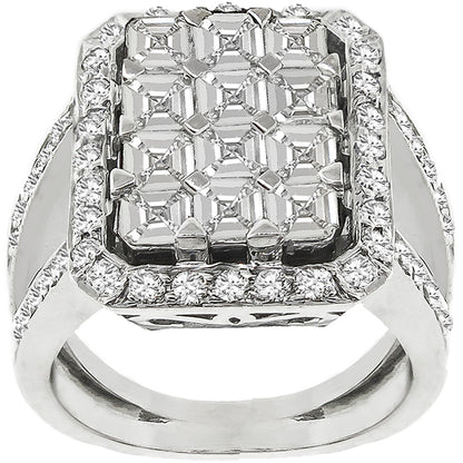 Estate 1.80ct Asscher And 1.50ct Round Brilliant Diamond 18k White Gold Ring