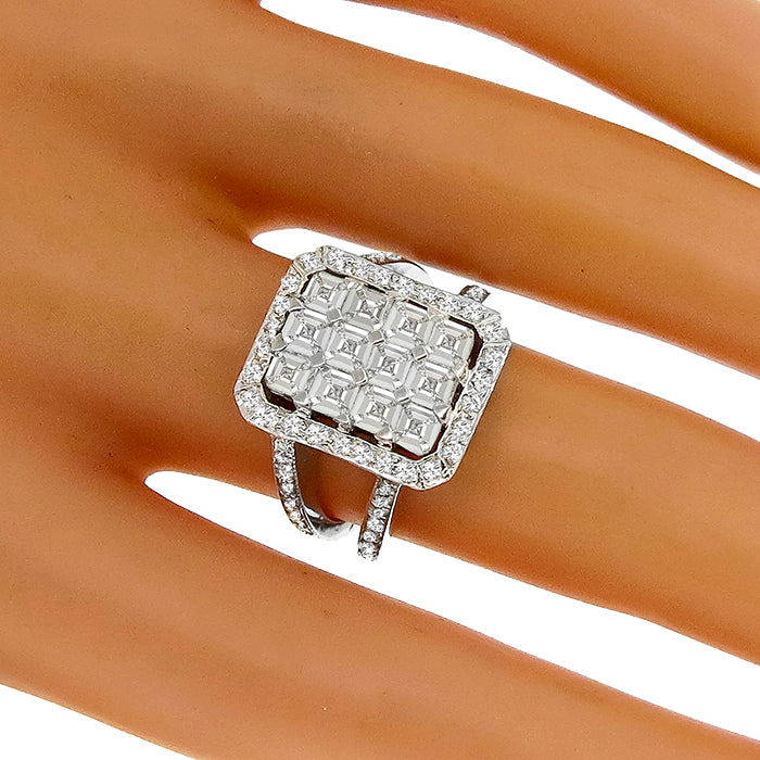 Estate 1.80ct Asscher And 1.50ct Round Brilliant Diamond 18k White Gold Ring