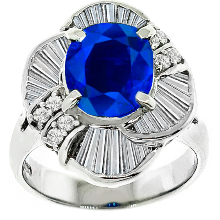 Vintage 2.41ct Sapphire Baguette Diamond Ring in Platinum