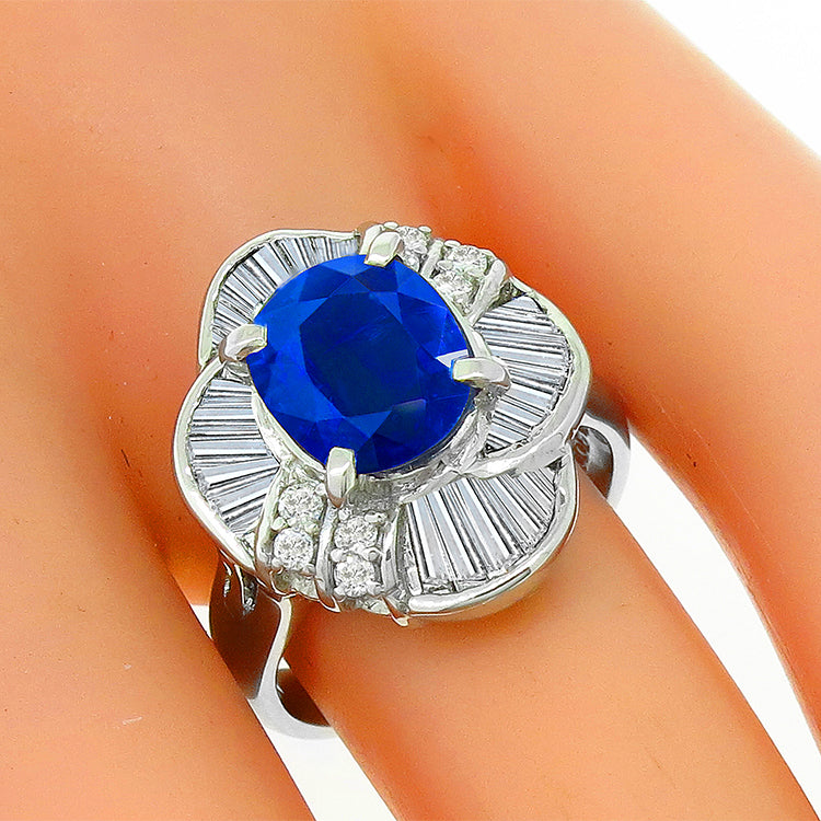 Vintage 2.41ct Sapphire Baguette Diamond Ring in Platinum