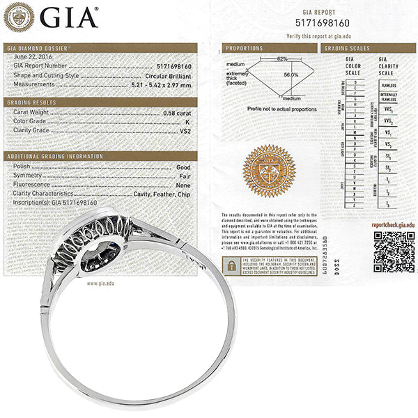 Art Deco Style GIA Certified 0.58ct Circular Diamond Ring