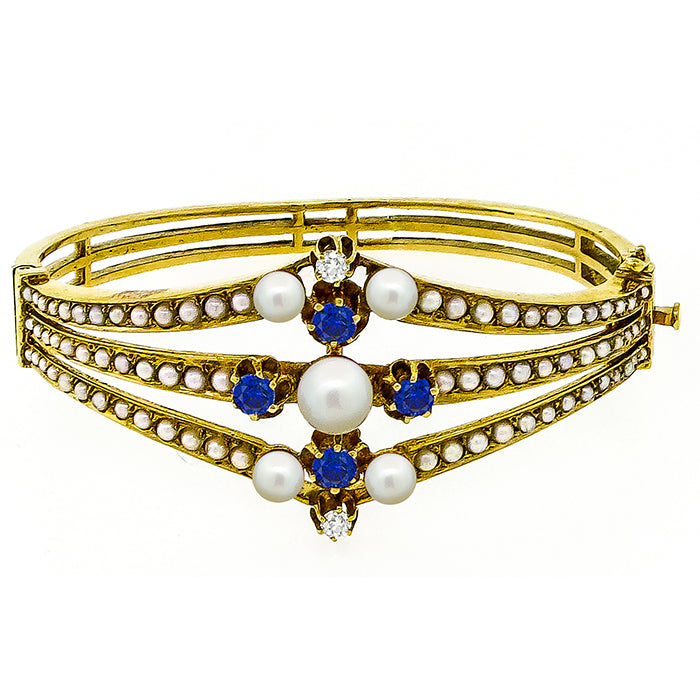 1960s 1.60ct Sapphire 0.25ct Diamond Pearl Bangle in 14k Yellow Gold