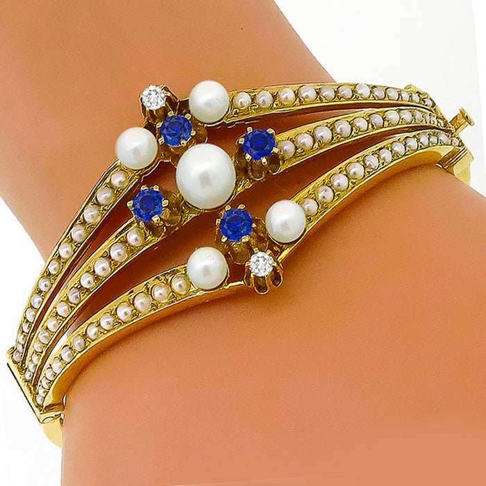 1960s 1.60ct Sapphire 0.25ct Diamond Pearl Bangle in 14k Yellow Gold