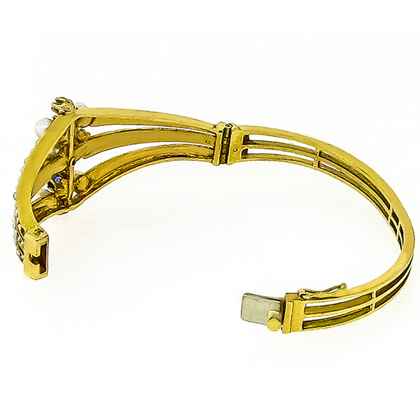 1960s 1.60ct Sapphire 0.25ct Diamond Pearl Bangle in 14k Yellow Gold