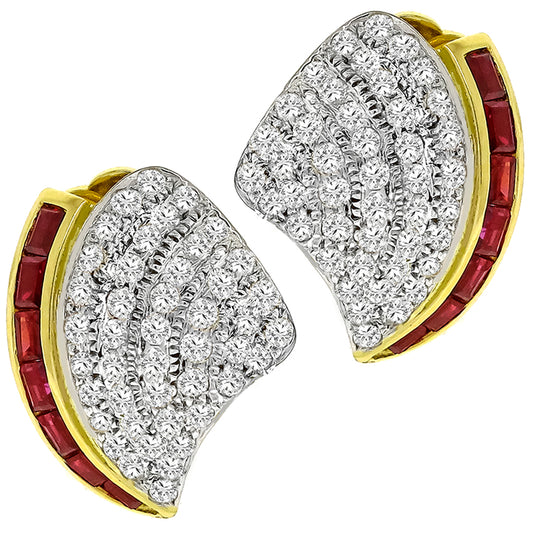 Estate 3ct Diamond 1ct Baguette Cut Ruby 18k Yellow Gold Earring