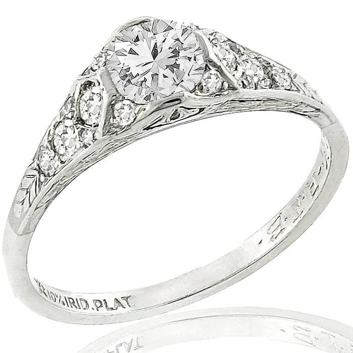 Art Deco GIA Certified 0.59ct Round Brilliant Diamond Platinum Engagement Ring