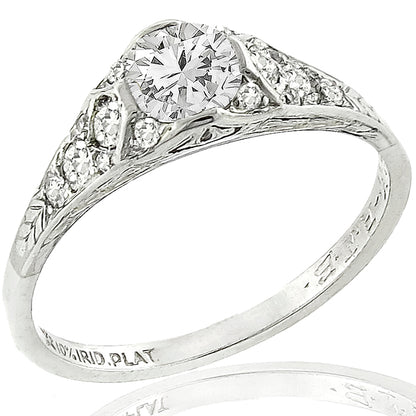 Art Deco GIA Certified 0.59ct Round Brilliant Diamond Platinum Engagement Ring
