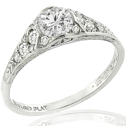 Art Deco GIA Certified 0.59ct Round Brilliant Diamond Platinum Engagement Ring