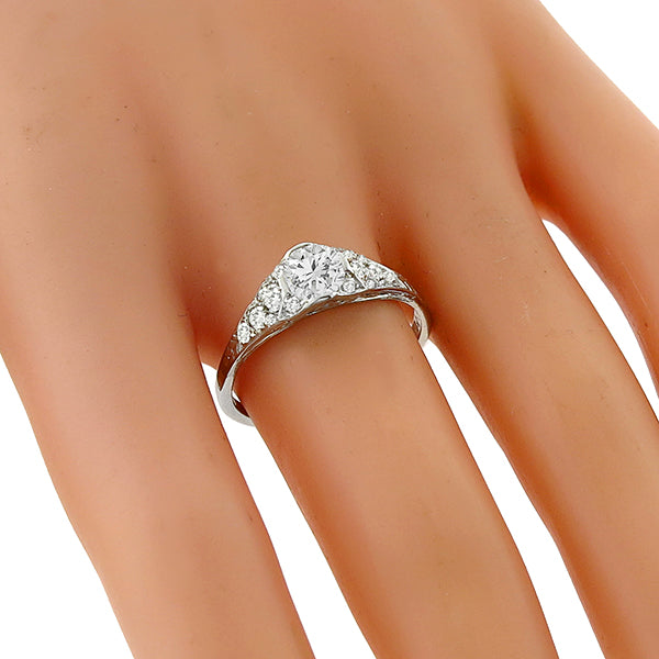 Art Deco GIA Certified 0.59ct Round Brilliant Diamond Platinum Engagement Ring