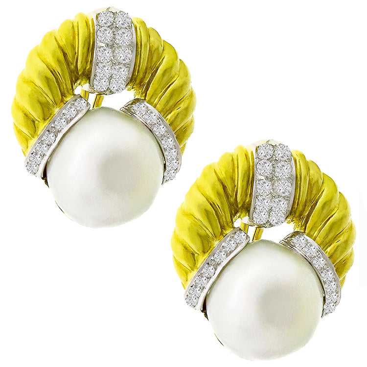 Vintage 1.00ct Round Diamond 16.5mm South Sea Pearl 18k Yellow Gold Earrings